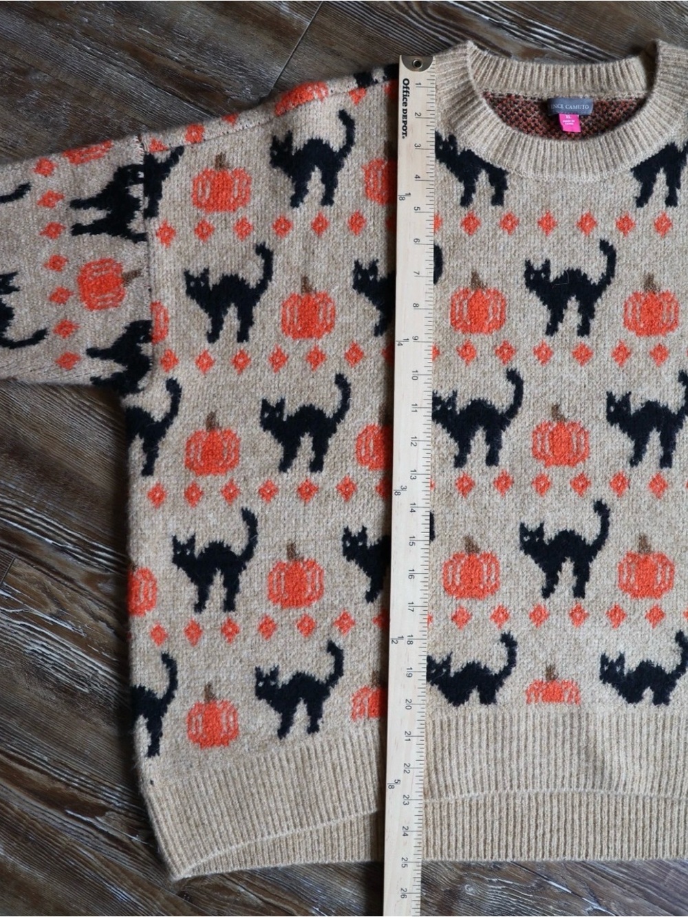 Spooky Tan Black Cat Orange Pumpkin Halloween Sweater Soft Knit Slouchy XL - Picture 16 of 16